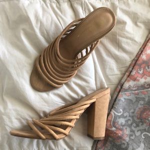 Miss Lola shoes heels beige tan mules thick heel
